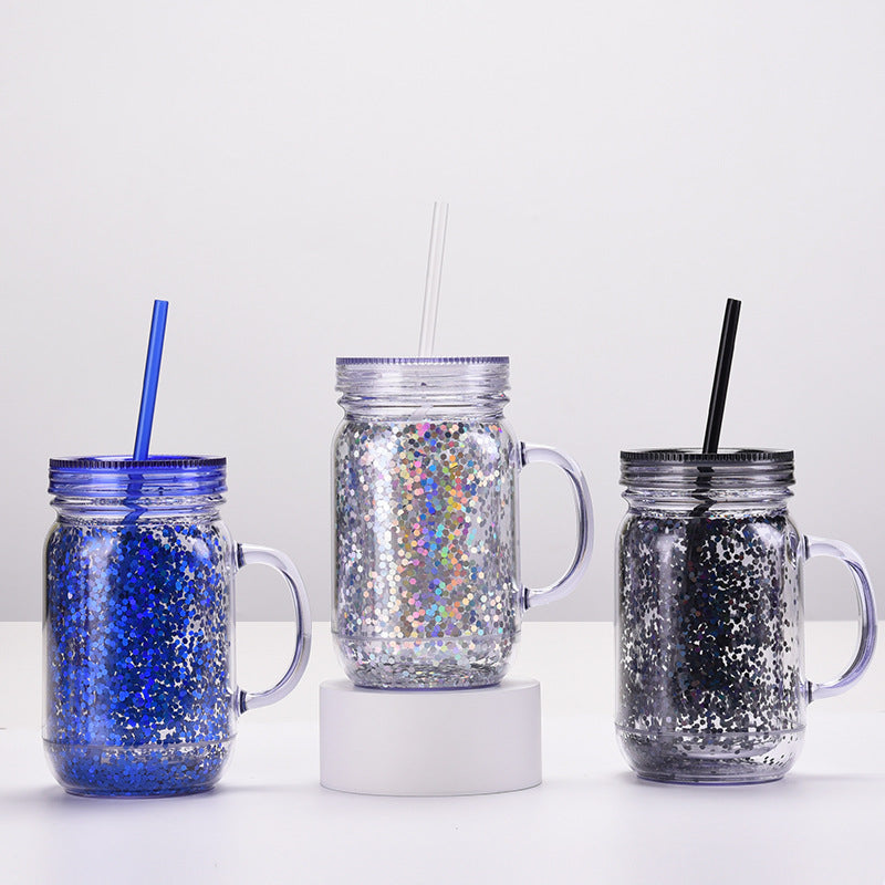 Wholesale Transparent Glitter Plastic Canned Cup with Handle Double Layer Plastic with Straw